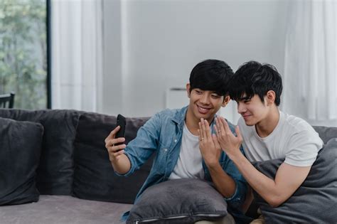 Free Photo Asian Influencer Gay Couple Vlog At Home Asian Lgbtq Men
