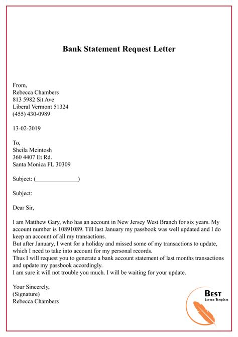 bank statement request letter template