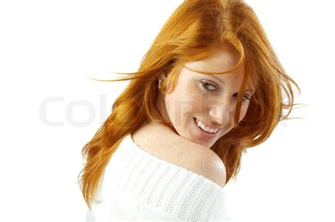 sexy girl with red hair and green eyes isolated on white