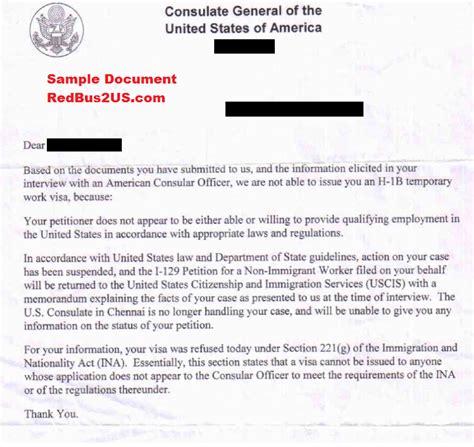 sample  hb visa denialrefusal letter   consulate india