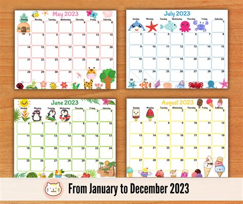 editable  calendars cute monthly calendar  kids etsy uk