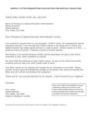 sample letter requesting evaluation  special education fill