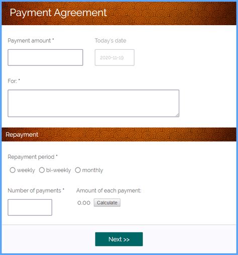 payment agreement form template formsite