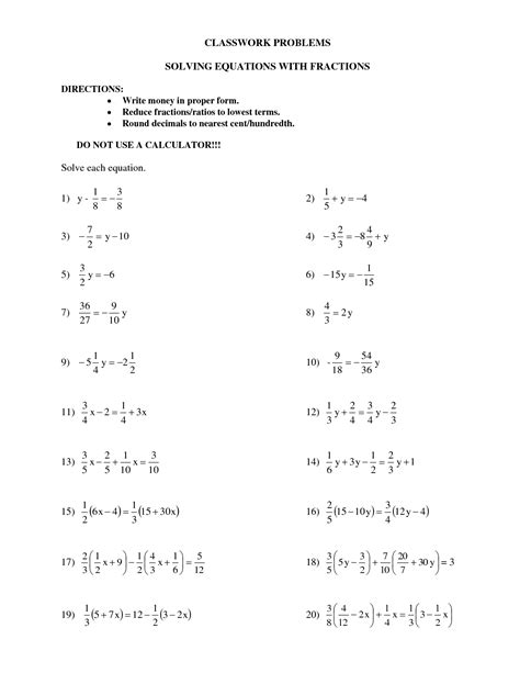 solving multi step equations  fractions worksheet notutahituq