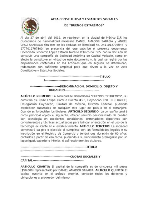 Ejemplo De Acta Constitutiva De Una Empresa Mexicana Pdf Nuevo Ejemplo