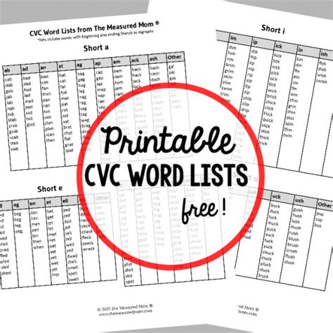 printable cvc word list  measured mom