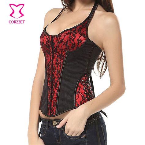 red and black floral lace halter neck bra push up corsets and bustiers