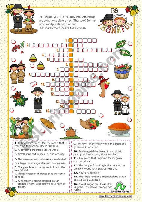 thanksgiving crossword puzzle esl worksheet  mena