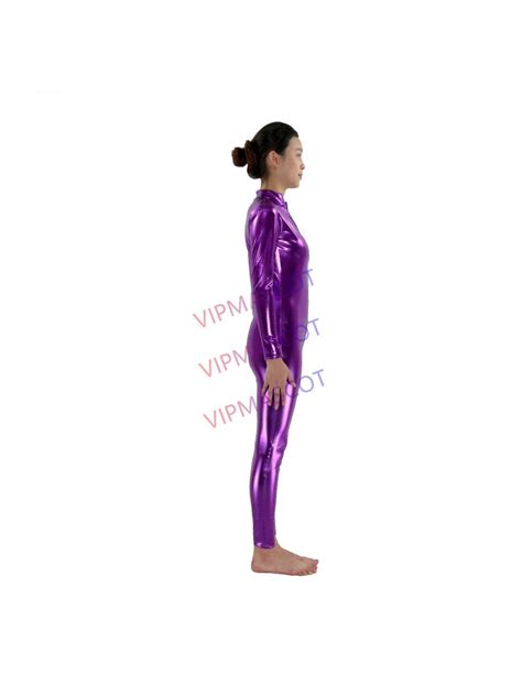 purple shiny metallic female zentai costume tight sexy body zentai suit