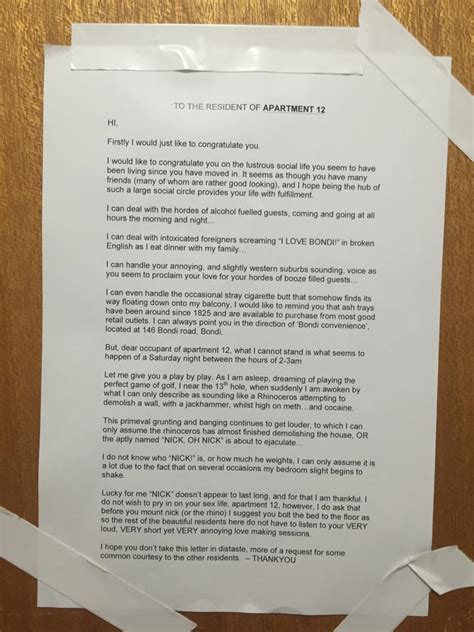 man pins letter to neighbours door begs them to stop having very loud very short and very