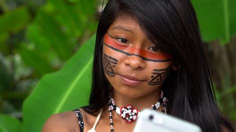 native brazilian girl  tupi guarani tribe  selfie photo brazil stock video footage