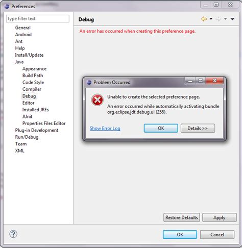Java – Error Opening Debug In Preferences In Eclipse – Itecnote