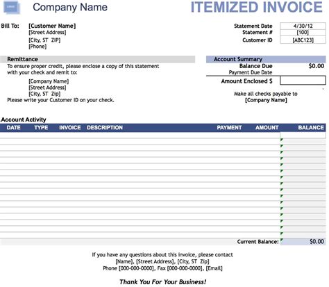 itemized invoice template excel  word