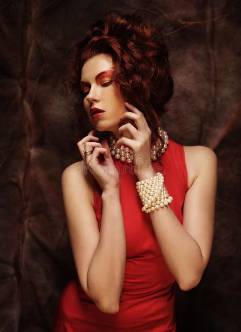 Sensual Beautiful Brunette Woman Posing In Red Dress Art And Fa Stock