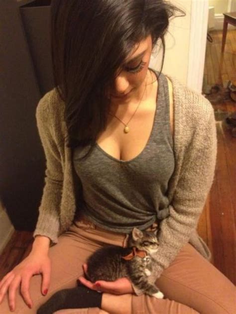 sexy brunette perky breasts equals cat lap