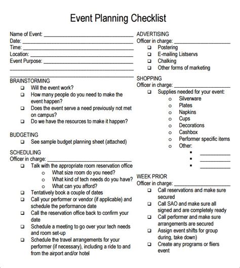 event planning checklist      sample templates