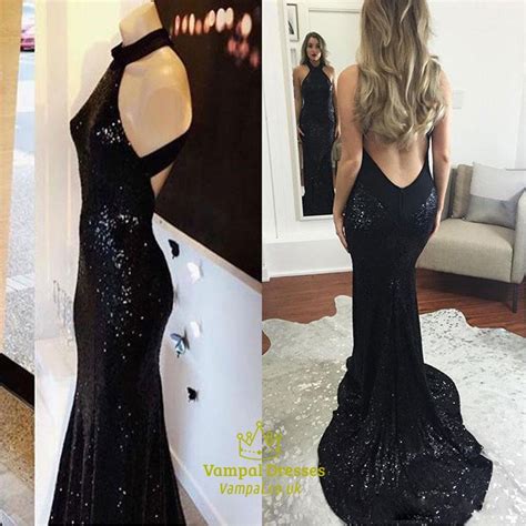 black sequin sleeveless halter floor length backless mermaid prom dress