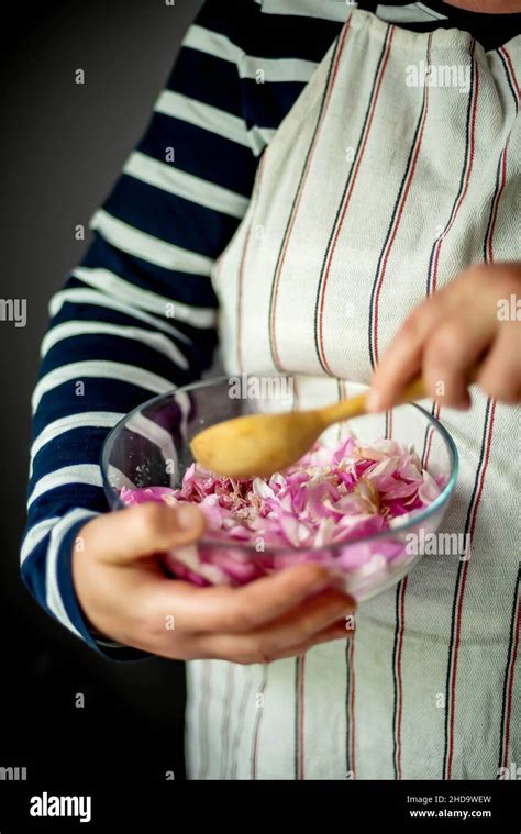 woman making pink rose petal jam  kitchen stock photo alamy