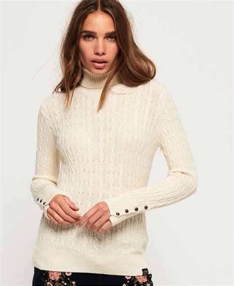 womens croyde roll neck cable knit jumper in cream superdry
