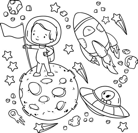 cute  funny coloring page   astronaut rocket satellite planet