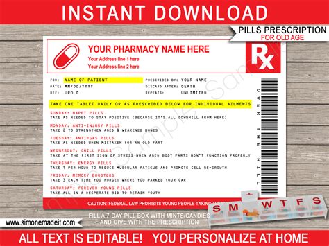 printable  age prescription template gag birthday gift fake