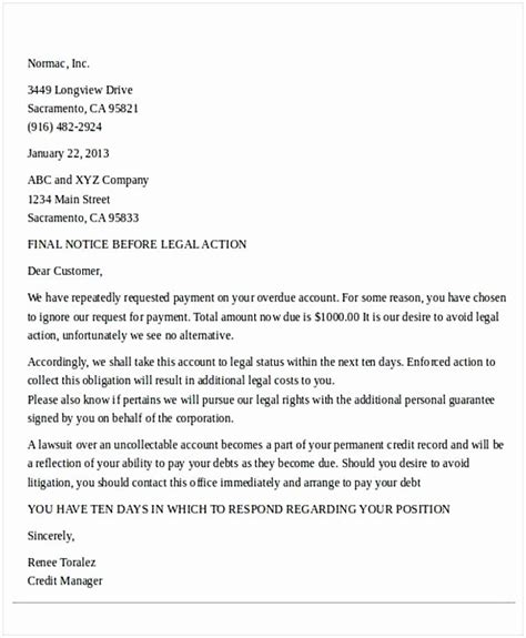 letter threatening legal action  document template