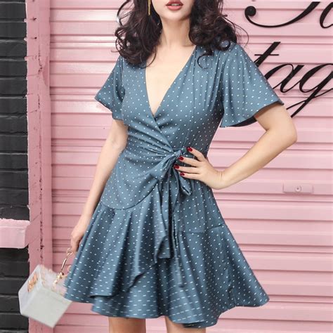 2018 summer french vintage ruffles dress designed dot polka slim high