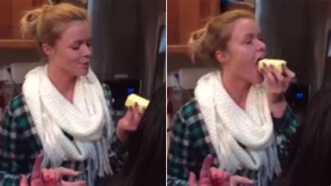 woman swallows a whole slab of butter in one go as she performs gag