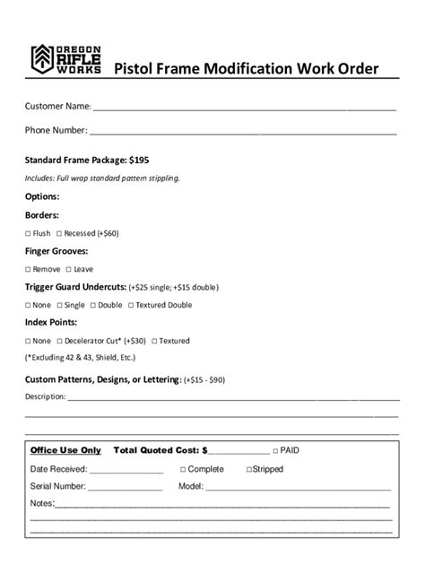 fillable  pistol frame modification work order fax email print pdffiller
