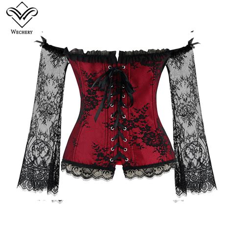 wechery steampunk corset sexy long sleeve lace corselet up bustiers