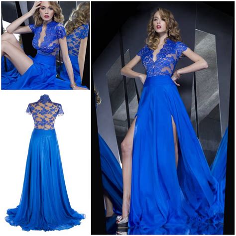 2013 sexy deep v slit cap sleeve lace back royal blue evening dresses