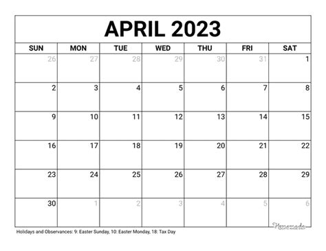 april   calendar  printable  holidays