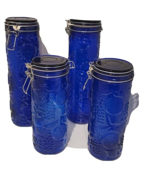 Set Of 4 Vintage Cobalt Blue Glass Canisters Container Wire Bail Lids