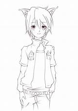 Anime Boy Wolf Coloring Drawing Cute Lineart Pages Boys Cat Ears Male Guy Base Names Guys Drawings Hoodie Manga Kitten sketch template