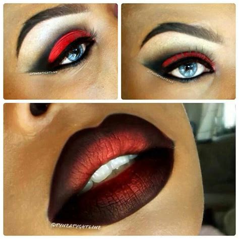 halloween love  red lips lined  black  bright red eyes outlined   smokey eye