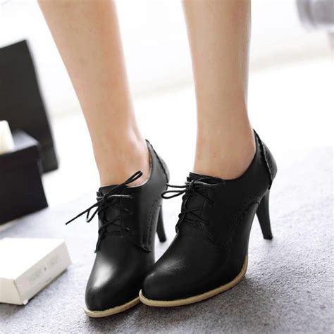 women s black vintage heels round toe ankle boots lace up