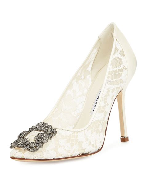 lyst manolo blahnik hangisi floral lace crystal toe pumps  white
