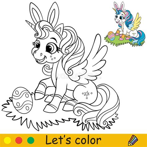 coloring  template cute sitting easter unicorn vector illustration