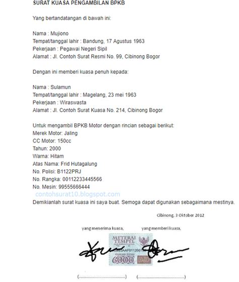 Contoh Surat Kuasa Pengambilan Bpkb Sepeda Bertemuco