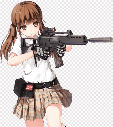 anime character  brown haired holding rifle anime female firearm girls  guns manga