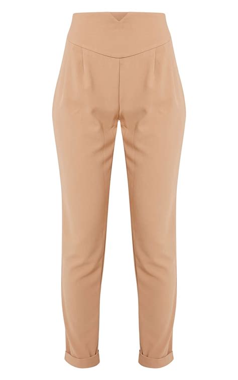 elenor camel high waisted tapered trousers prettylittlething usa