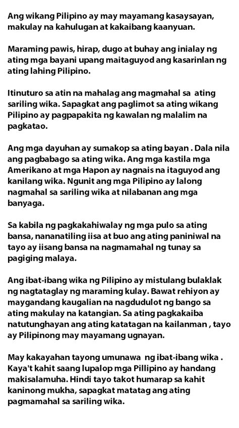 my homeworks talumpati wikang pilipino tatag ng filipino