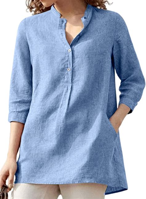 Achinel Womens Linen Tunic Top Cotton 3 4 Sleeve V Neck Work Blouse