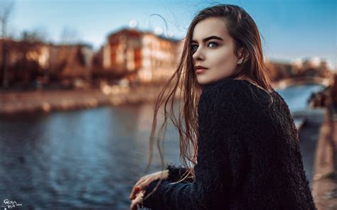 Long Hair Looking Away Women Outdoors Auburn Hair Sweater Blurred