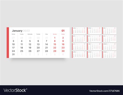 monthly calendar   year week starts  vector image