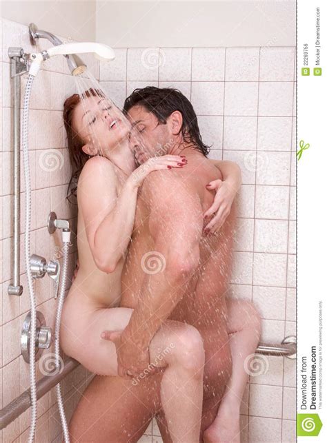 Naked Man And Woman In Love Are Kissing In Shower Stock