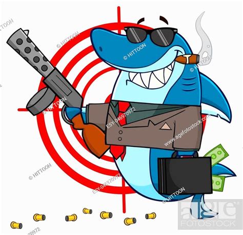smiling shark mobster cartoon mascot character carrying a briefcase