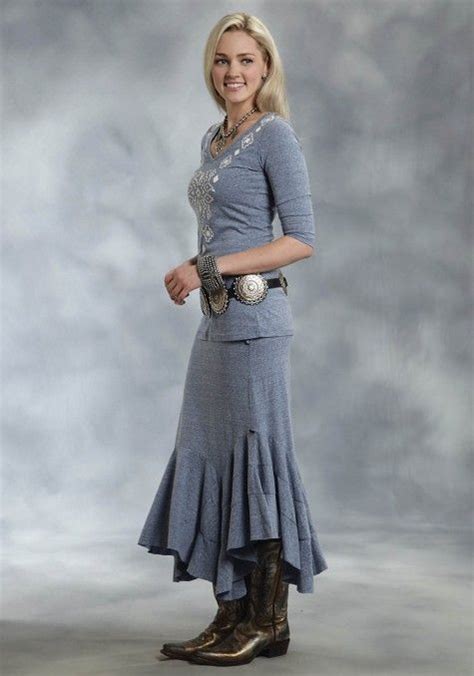 roper® blue heathered flounced hi lo hem western skirt country dresses