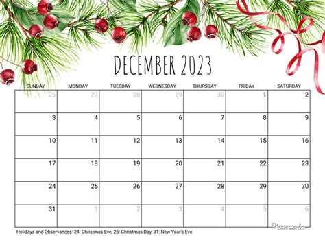 december   calendar  printable  holidays