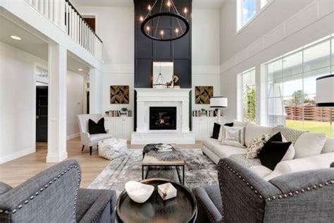 black batten board  fireplace high ceiling living room tall